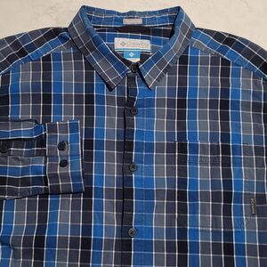 Columbia Hardy Ridge Super Blue Black Gray Plaid Button Shirt Mens XL NWOT